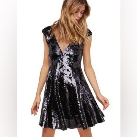NWT Free People Dance Til Dawn Sequin Skater Dress Black Combo - Picture 1 of 6